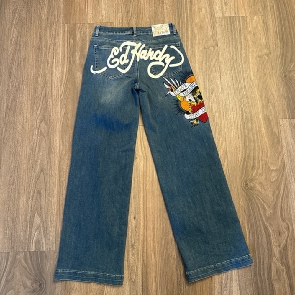 Ed Hardy Denim wide leg embroidered logo, heart Jeans size 26
